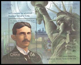 Serbia new post stamp 140 years since the arrival of Nikola Tesla in the USA